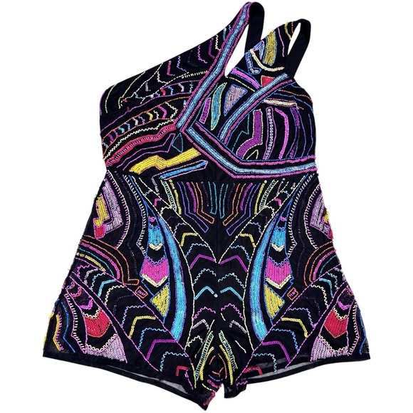 ASOS NEON BEAD EMBELLISHED ART DECO GEOMETRIC ONE SHOULDER PARTY ROMPER JUMPSUIT - Picture 2 of 16